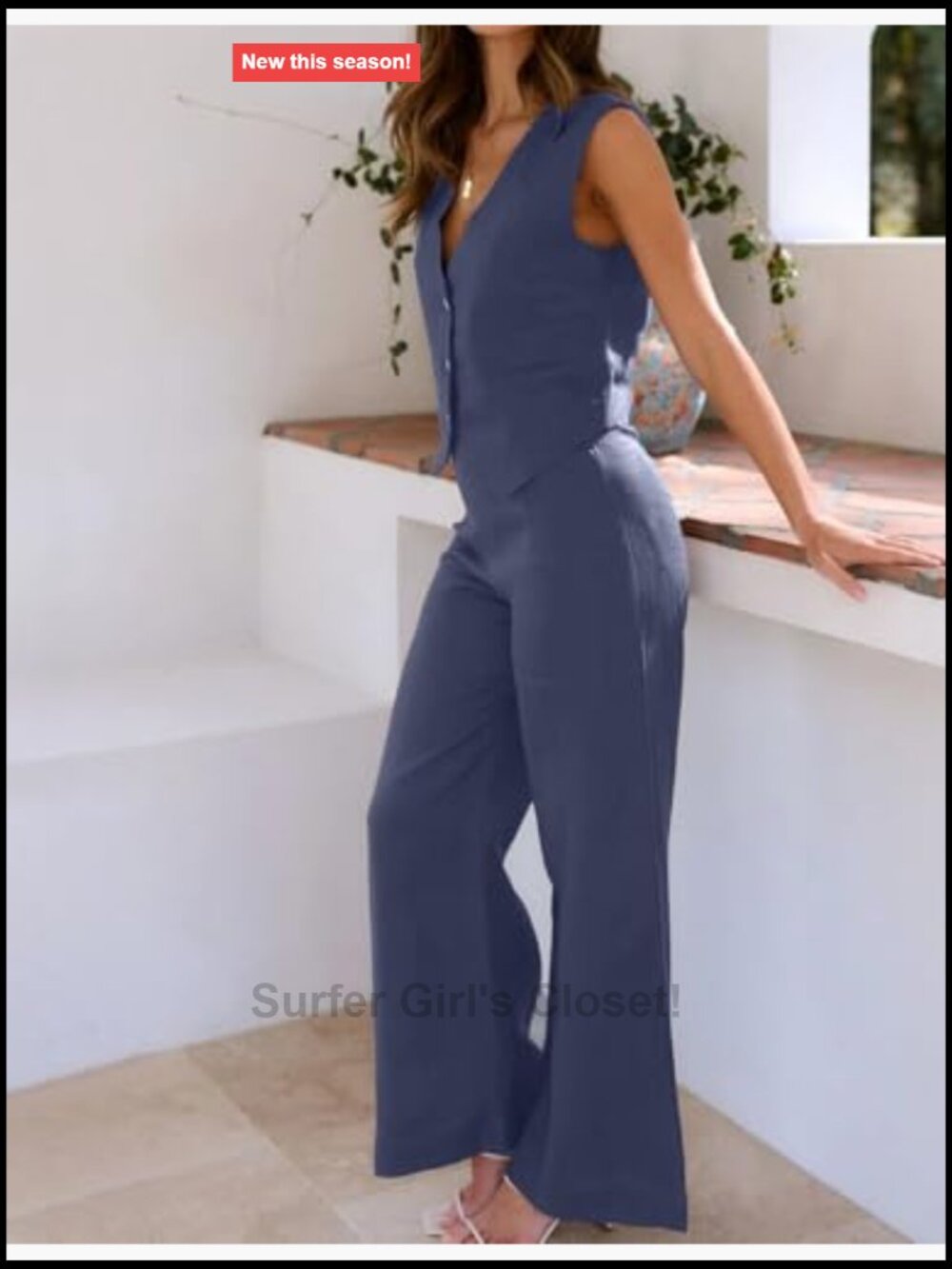 Women's 2 Piece Sleeveless Button Down Top & Wide Leg Pants Set - Picture 5 of 7